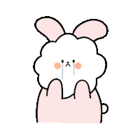 a cartoon rabbit with pink ears is crying and covering its face with its paws .