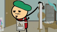 a cartoon of a man wearing a green hat and an apron