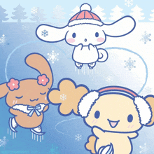 a cartoon illustration of cinnamoroll ice skating with trees in the background