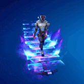 a person in a futuristic suit is walking across a purple and blue surface