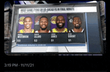 four basketball players are on a screen that says most game - tying or go - ahead fg in final minute