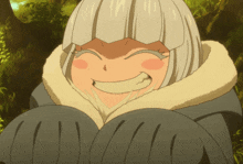 a cartoon character with white hair and a furry hood smiles