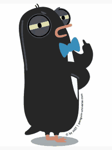 a black penguin with a blue bow tie and the website penguin-universe.com on the bottom