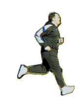 a man in a black and white track suit is running on a white background