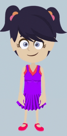 a cartoon girl in a purple dress and pink shoes