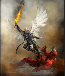 a painting of an angel holding a sword fighting a devil