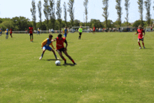 a blurry picture of a soccer game with players wearing red and yellow