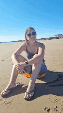 a woman wearing flip flops sits on the beach