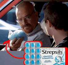 a man in a car is holding a bag of cotton candy next to a box of strepsils