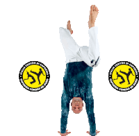 a man is doing a handstand in front of a logo that says italia centro di capoeira