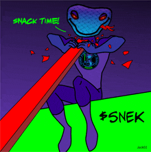 a cartoon of a lizard holding a red stick with the words snack time written on it