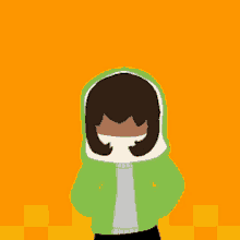 a cartoon character wearing a green hoodie and a grey shirt