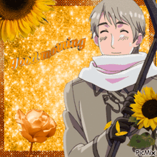 a picture of a man with sunflowers and the words " good morning " on the bottom