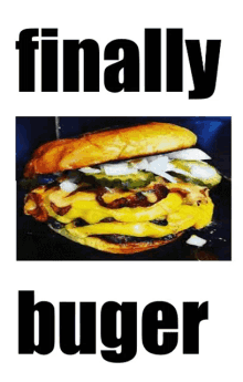 a hamburger with the words finally buger below it