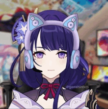 a girl with purple hair is wearing headphones with cat ears on her head .