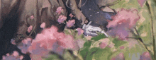 a close up of a painting of a person surrounded by flowers .