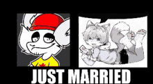 a cartoon of a cat with a red hat and a cartoon of a cat laying down with the words just married above it