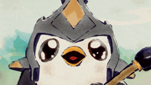 a penguin wearing a helmet and holding a sword