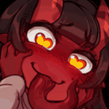 a pixel art drawing of a demon girl with heart shaped eyes sticking her tongue out