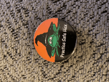 a button that says practice safe hex with a picture of a frog wearing a witch hat