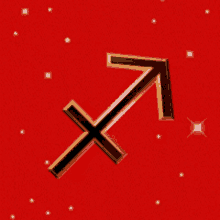 a red background with a gold arrow pointing up