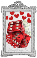 a framed picture of a pair of red dice with money and hearts