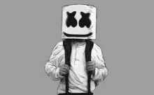 a black and white drawing of marshmello wearing a marshmallow head and holding a backpack .