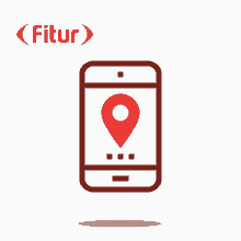 an icon of a cell phone with a red pin on the screen and the word fitur below it