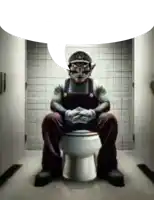 a man dressed as mario is sitting on a toilet in a bathroom