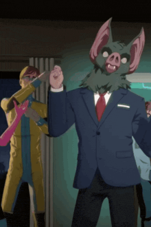 a man in a suit and tie with a pig mask on his head