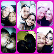 a collage of photos of a man and a woman with a pink background