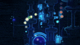a blue background with a circle in the middle and a square in the center