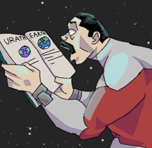 a cartoon of a man reading a book titled " urath earth "