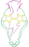 a neon drawing of a light bulb with stars and lightning bolts