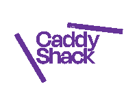 the logo for the caddy shack is purple and white