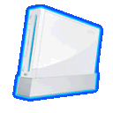 a white nintendo wii with a blue border around it .