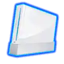 a white nintendo wii with a blue border around it .