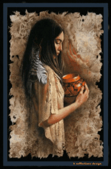 a painting of a woman holding a vase with the words b collections design on the bottom
