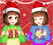 two anime girls wearing santa hats holding gifts