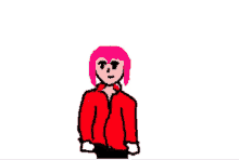 a girl with pink hair is wearing a red jacket