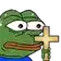 a cartoon frog is holding a cross in its mouth .