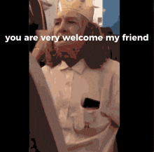 a man wearing a burger king crown is being welcomed