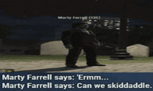 a man in a suit and tie is standing in a cemetery and says marty farrell says ermm can we skiddaddle