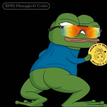 a frog wearing sunglasses and a blue shirt is holding a coin that says keepin ' it real