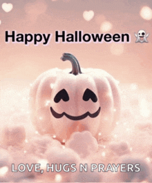 a picture of a pumpkin with a face drawn on it says happy halloween love hugs n prayers