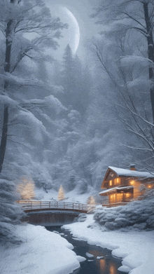 a house in the middle of a snowy forest with a full moon in the background