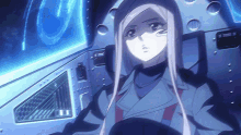 a girl with long white hair is sitting in a chair