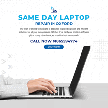 an advertisement for hi tec laptop repair in oxford shows a person typing on a laptop