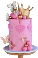 a pink cake with a gold crown and butterflies