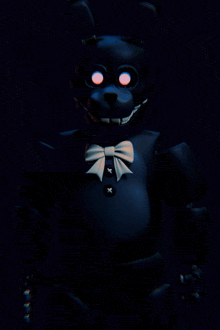a black bunny with red eyes and a white bow